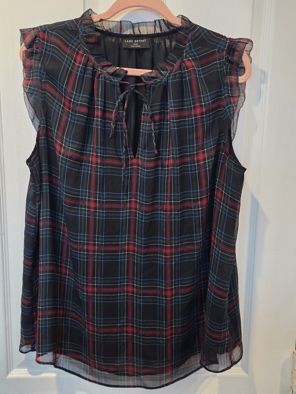 Lane Bryant Black Plaid Sleeveless Tie-Front Ruffled Neck Top